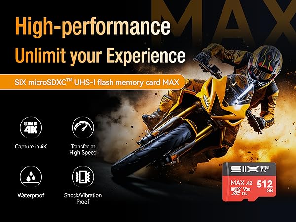 Text reads 'High-performance' and 'Unlimit your Experience'. Shows microSD memory card MAX with dramatic orange and black background effects.