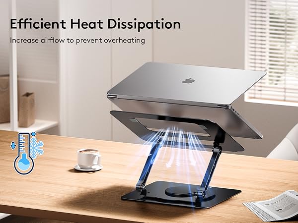 Text reads: 'Efficient Heat Dissipation'. Shows laptop cooling pad or stand with detailed views of ventilation system and cooling mechanism.