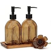2 Pack Arch Glass Soap Dispenser with Plastic Pump, 11OZ Liquid Hand Soap Dispenser with Acacia W...