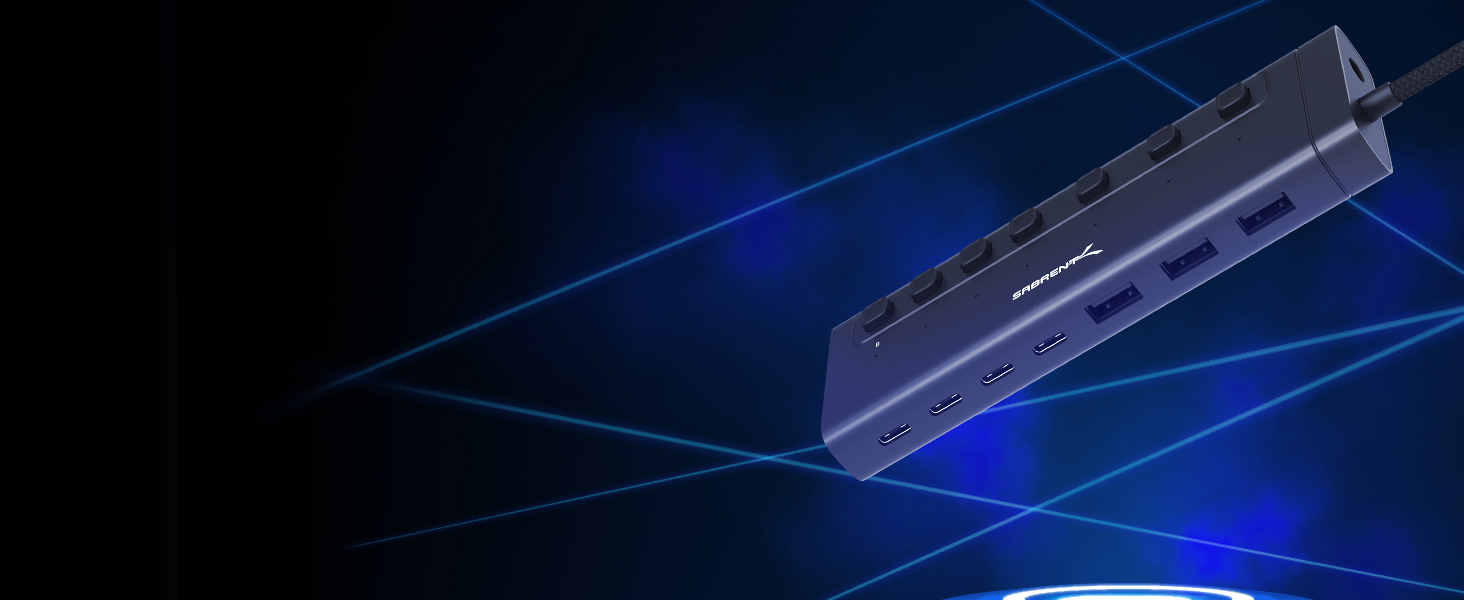 Hero shot of Sabrent USB-C hub with glowing lights and ports under dramatic lighting