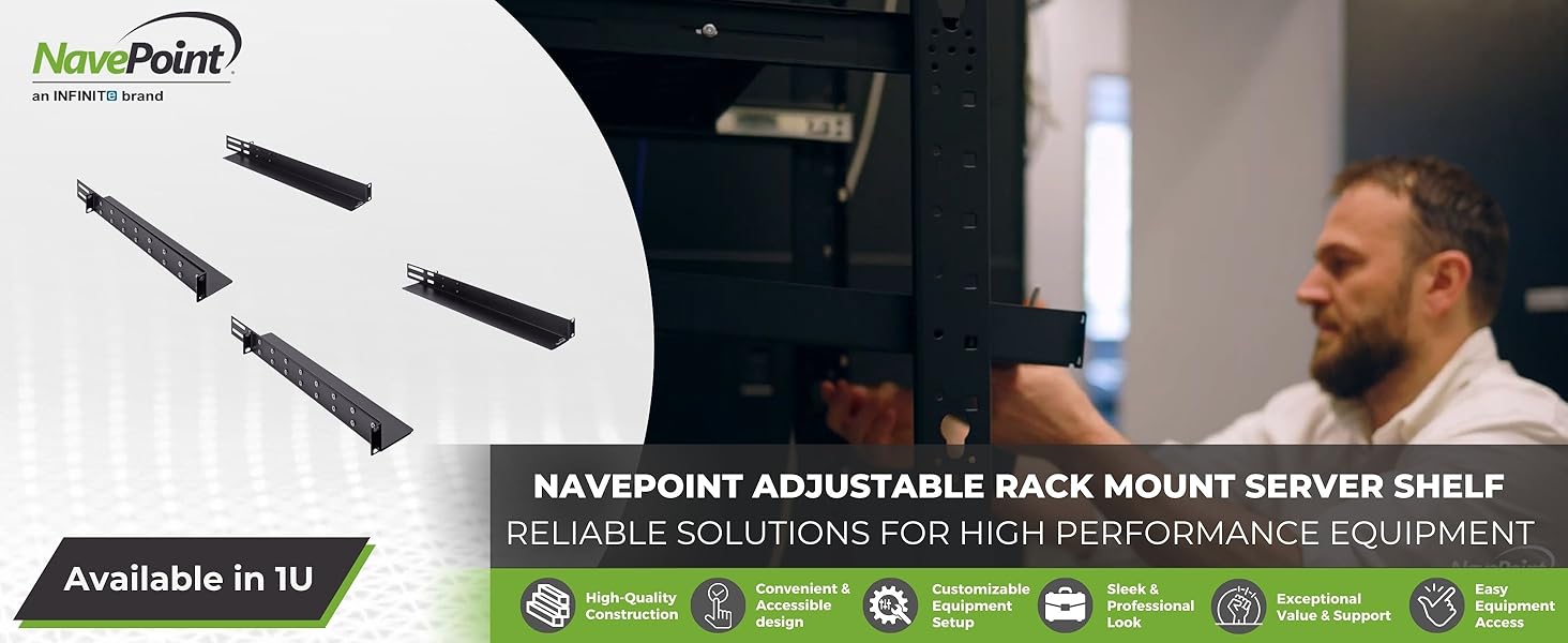 NavePoint 1U Adjustable Rack Mount Server Shelf Rails