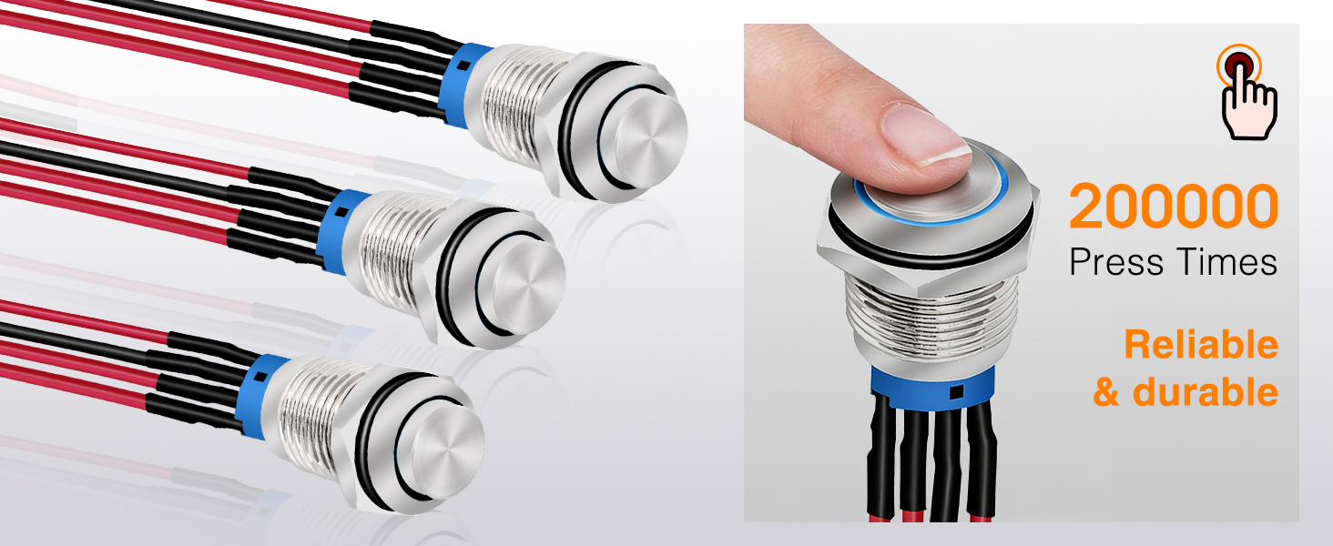 12mm Push Button Switch 5PCS with Pre Wired Harness 12V 24V Stainless Steel Self Locking