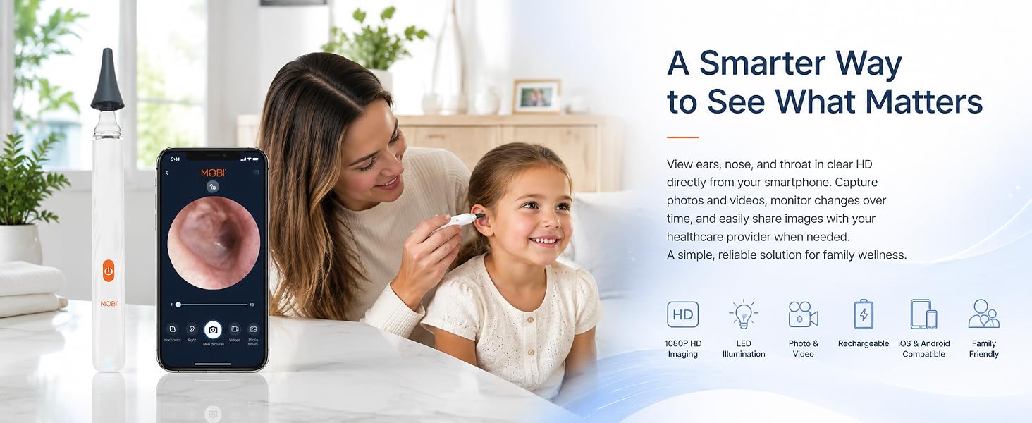 Mother using MOBI Smart Ear Camera while viewing HD ear image on smartphone beside device