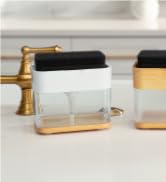 S&amp;T INC. Dish Soap Dispenser and Sponge Holder, Plastic Walnut and Amber | Patented Design, Holds...