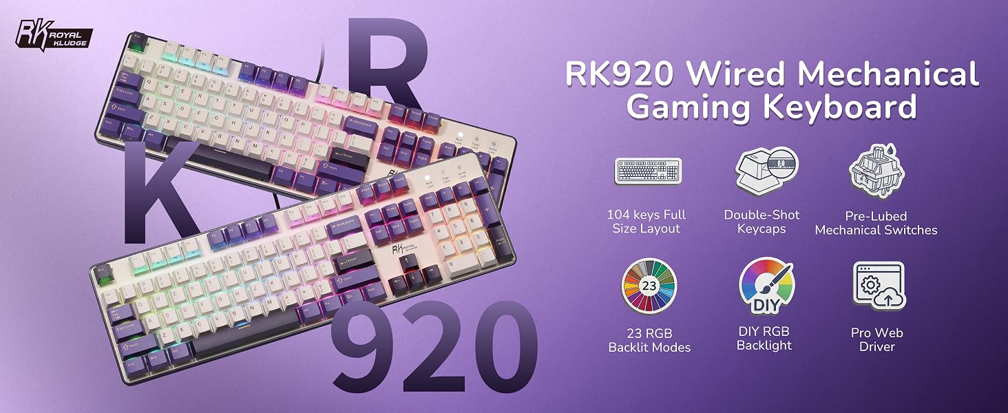 RK ROYAL KLUDGE RK920 keyboard wired 104-key layout for gaming and work, keeping every key ready
