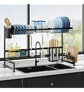 JASIWAY Over Sink Dish Drying Rack, 2 Tier Expandable Metal Large Kitchen Dish Rack Over Counter,...