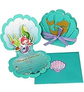 OurWarm 24pcs Mermaid Party Invitations, 3D Pearlescent Mermaid Birthday Party Supplies with Enve...