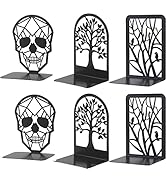 3Pairs Metal Bookends Skull Decorative, Fortune Tree Design and Resting Bird Design, Decorative B...