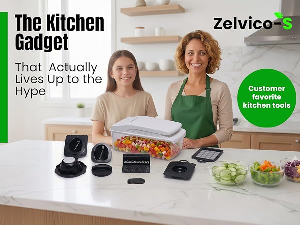 Zelvico-S vegetable chopper with food container and slicing blades.