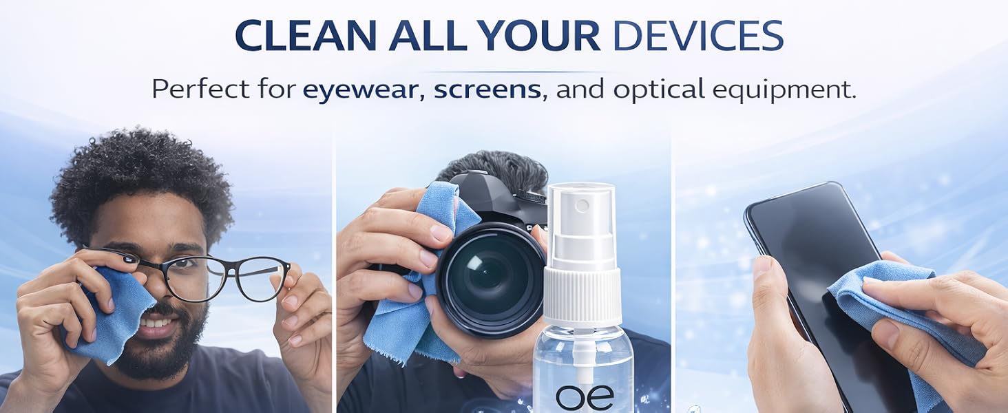 Outstanding Eyewear 2oz lens cleaner with eyeglasses and microfiber cloth for streak-free cleaning