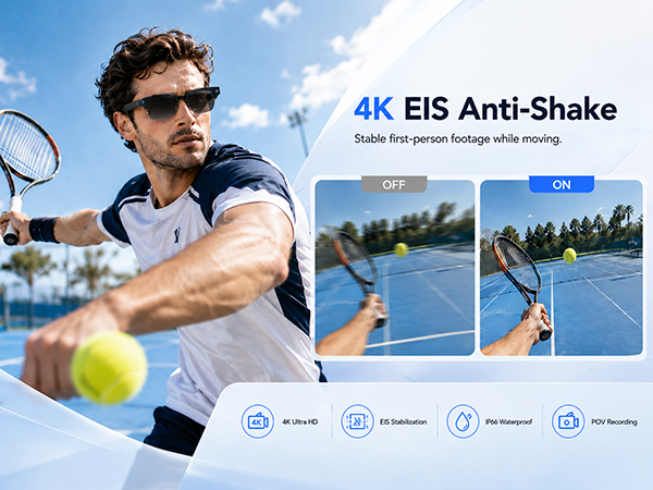 4K EIS camera glasses for stable POV recording, sports videos, outdoor use and IP66 waterproofing.
