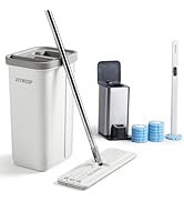 JOYMOOP White Flat Mop &amp; Bucket with 1 Microfiber Pad, 12 Disposable Toilet Brushes, Stainless St...