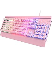 Dacoity Pink Gaming Keyboard, 104 Keys All-Metal Panel, Rainbow LED Backlit Quiet Computer Keyboa...