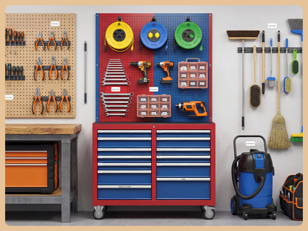 Collection of garage or workshop organization systems showing tool storage, multiple blue rolling tool chests, wall-mounted pegboards, and organized equipment.