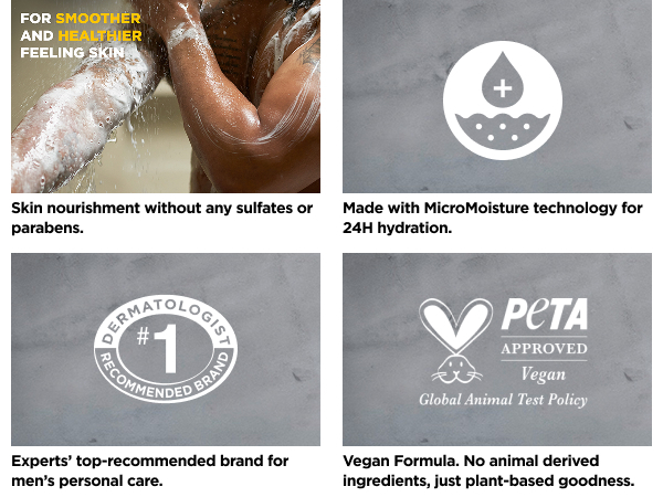 Icons about no sulfates or parabens, MicroMoisture, expert's recommended brand &amp; PETA approved seal.