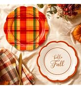 AnyDesign Fall Scalloped Paper Plates Red Orange Green Plaid Hello Fall Disposable Plates 7 Inch ...