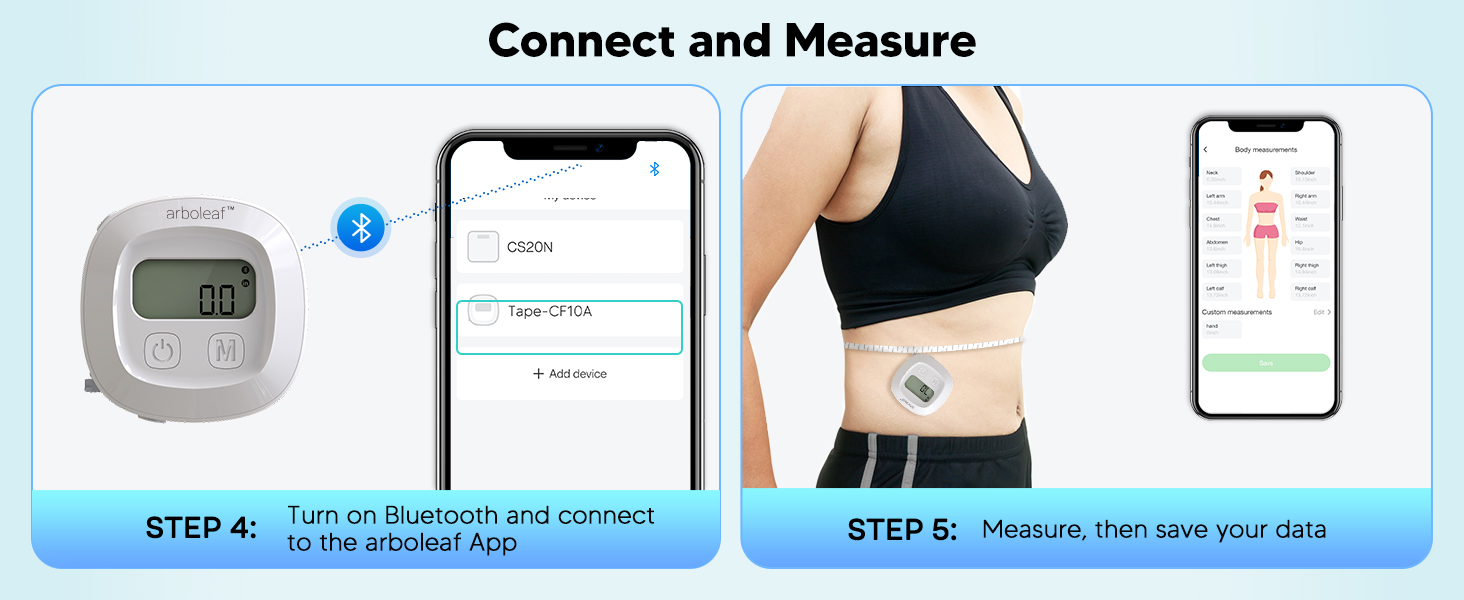 Body tape measure connects to app via Bluetooth for measuring and saving your custom body data.