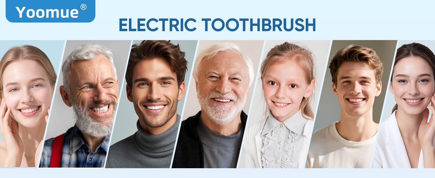 Text reads 'Yoomue' and 'ELECTRIC TOOTHBRUSH'. Collection of headshots arranged horizontally showing smiling expressions.