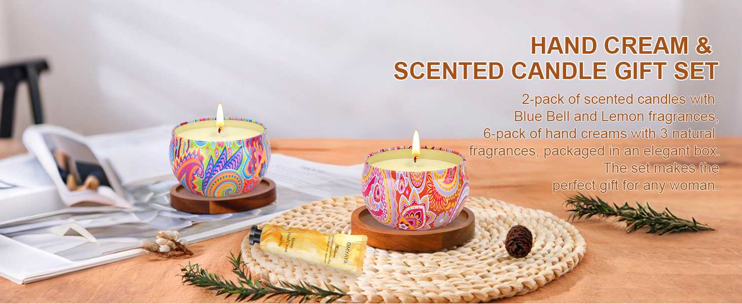 Text reads 'HAND CREAM &amp; SCENTED CANDLE GIFT SET' Product layout showing beauty items arranged with decorative elements and sprigs of rosemary.