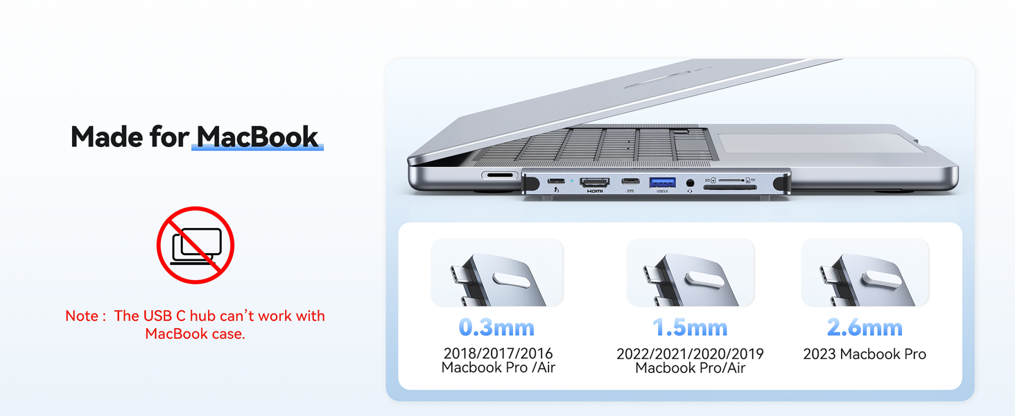 Technical diagram showing MacBook compatibility with three thickness measurements: 0.3mm, 1.5mm, and 2.6mm, with corresponding device fits illustrated.