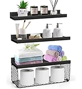 DABIGE Wall Mounted Floating Shelves, 3 Sets Wood Bathroom Shelves with Wire Storage Basket &amp; Hoo...
