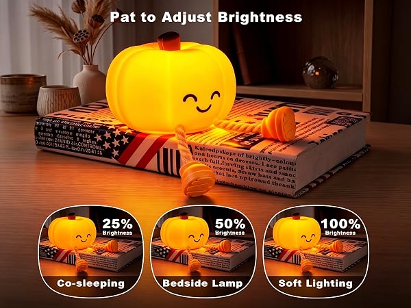 Tap to adjust the three brightness levels on the pumpkin night light