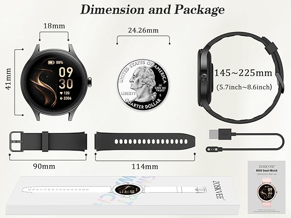 Text reads 'Dimension and Package'. Technical diagram showing smartwatch dimensions: 10mm thickness, 90mm length, 145-225mm band size, with comparison to quarter coin.