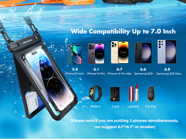 This waterproof bag is double capacity design, it can hold phones watch, headphones and more