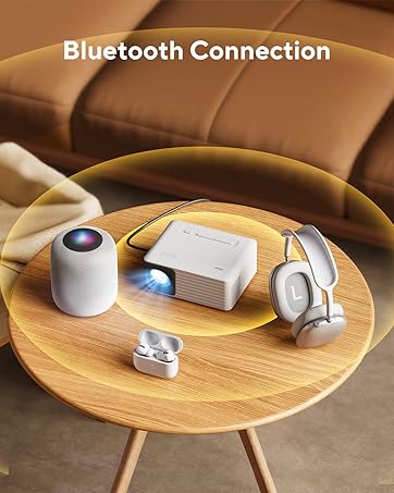 Collection of wireless audio devices including speaker, charging case, and earbuds arranged on wooden round table, with 'Bluetooth Connection' text overlay.