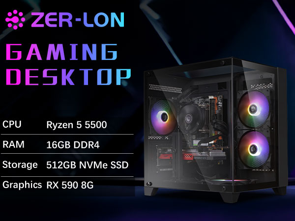 ZER-LON Prebuilt Gaming PC Desktop, Radeon RX 590 8GB GDDR5, AMD