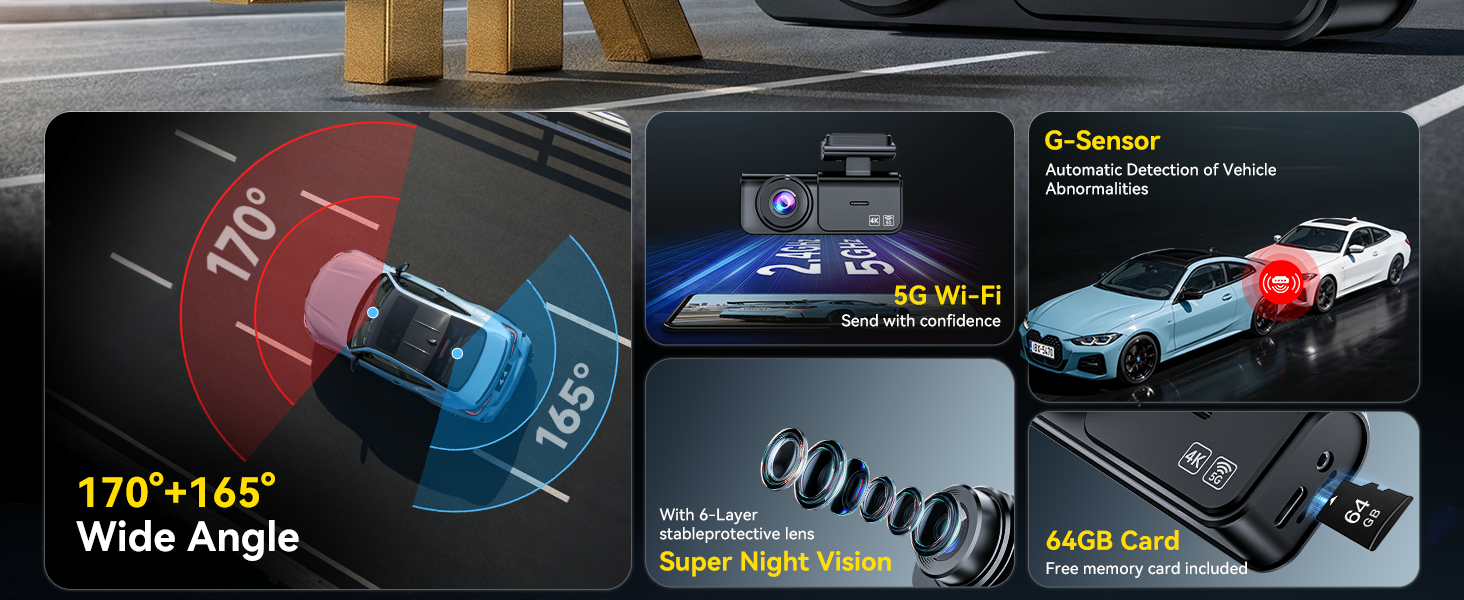 Dual Dash Cam Front and Rear: 4K+2.5K Dash Camera for Cars Built-in 5G WiFi APP Control &amp;amp; Free 64GB