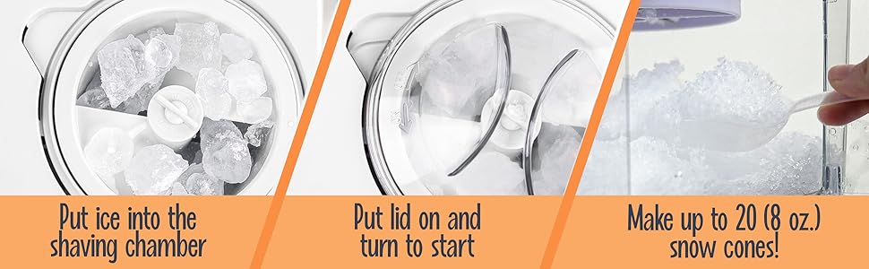 put ice in to the shaving chamber, put lid on and start to turn, make up to 20 snow cones