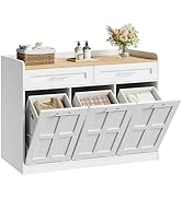 HOOBRO Tilt-Out Laundry Hamper Cabinet, 35 Gallon Farmhouse Trash Can Cabinet with 2 Drawers and ...
