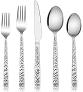Hammered Silverware Set, E-far 40-Piece Stainless Steel Square Flatware Set for 8, Metal Tablewar...
