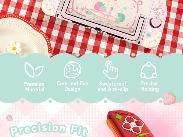 Text reads 'Premium Material', 'Cute and Fun Design', 'Sweatproof and Anti-slip', 'Precise Molding'. Pink and red gingham pattern background with decorative elements.
