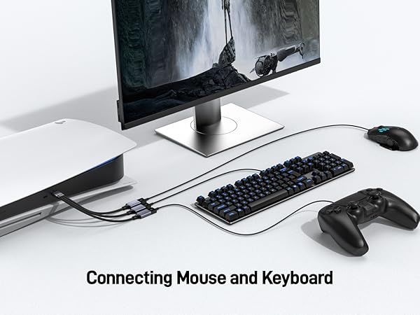 Text reads 'Connecting Mouse and Keyboard'. Multiple images showing computer peripherals connected to monitors in white office setting.