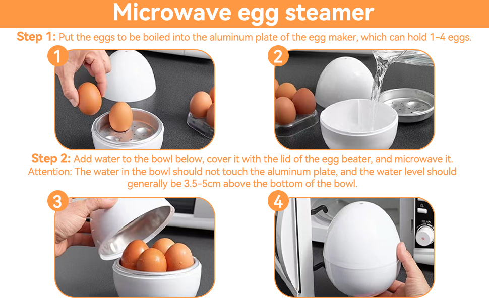 Microwave egg steamer instructions showing four steps: placing eggs, adding water, closing lid, and microwaving the white egg-shaped container.