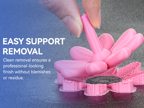 Pink 3D-printed flower-shaped support structure being removed from a printed object. Text highlights easy support removal for clean, professional-looking finish without blemishes or residue.