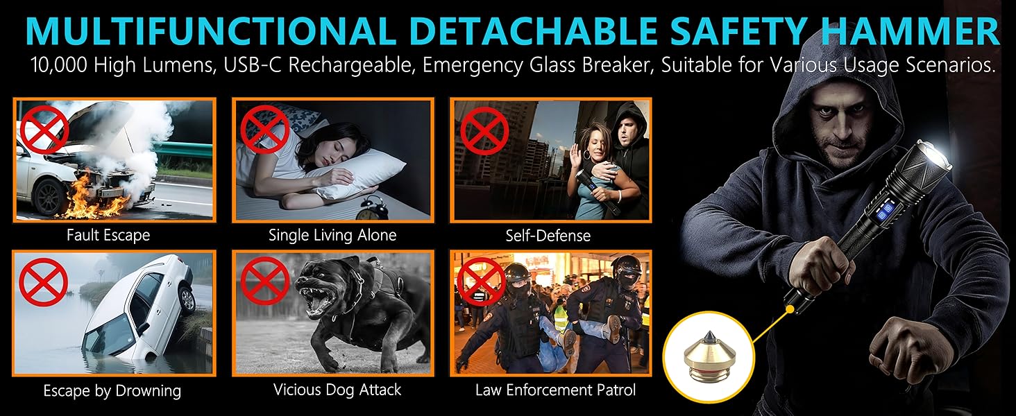 Self Defense Flashlight Tail Detachable Safety Hammer, Shatters Tempered Glass/Ice Instantly.