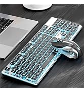 SEUNKWANG EWEADN V3 Wireless Keyboard and Mouse with Blue Backlit, Metal Panel, Bluetooth/2.4G Re...