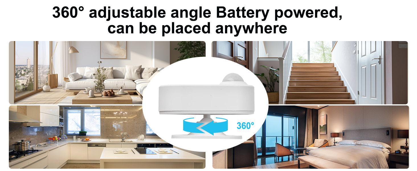 Battery-powered motion sensor light with 360-degree adjustable angle. Shown in various home settings: living room, kitchen, staircase, and bedroom, demonstrating versatile placement options.
