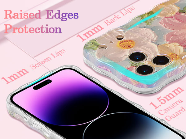 Text reads 'Raised Edges Protection' and '1mm+1.5mm'. Product shots showing phone case with raised protective edges and gradient color effects.