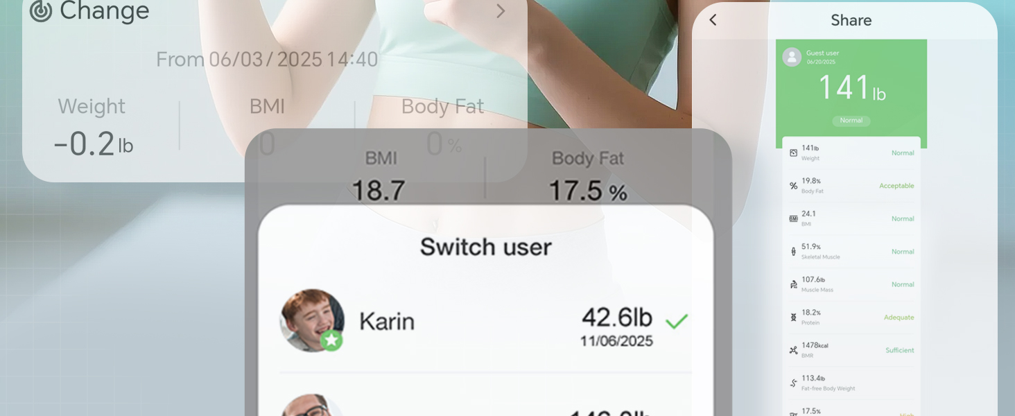 Smart scale app showing user switching and detailed body composition results