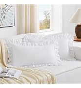 KKJIAF White Lumbar Pillow Covers 12x20 Inch Set of 2, Microfiber Ruffled Pillow Shams, Ruffle Eu...