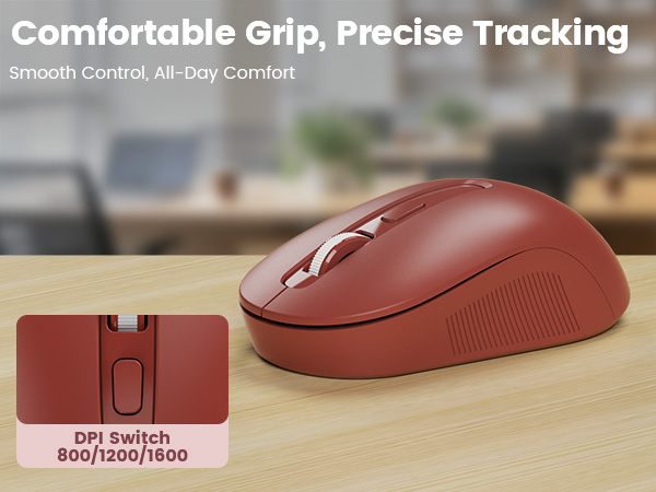 Ergonomic wireless mouse on desk, close-up shows DPI switch for 800/1200/1600 tracking.