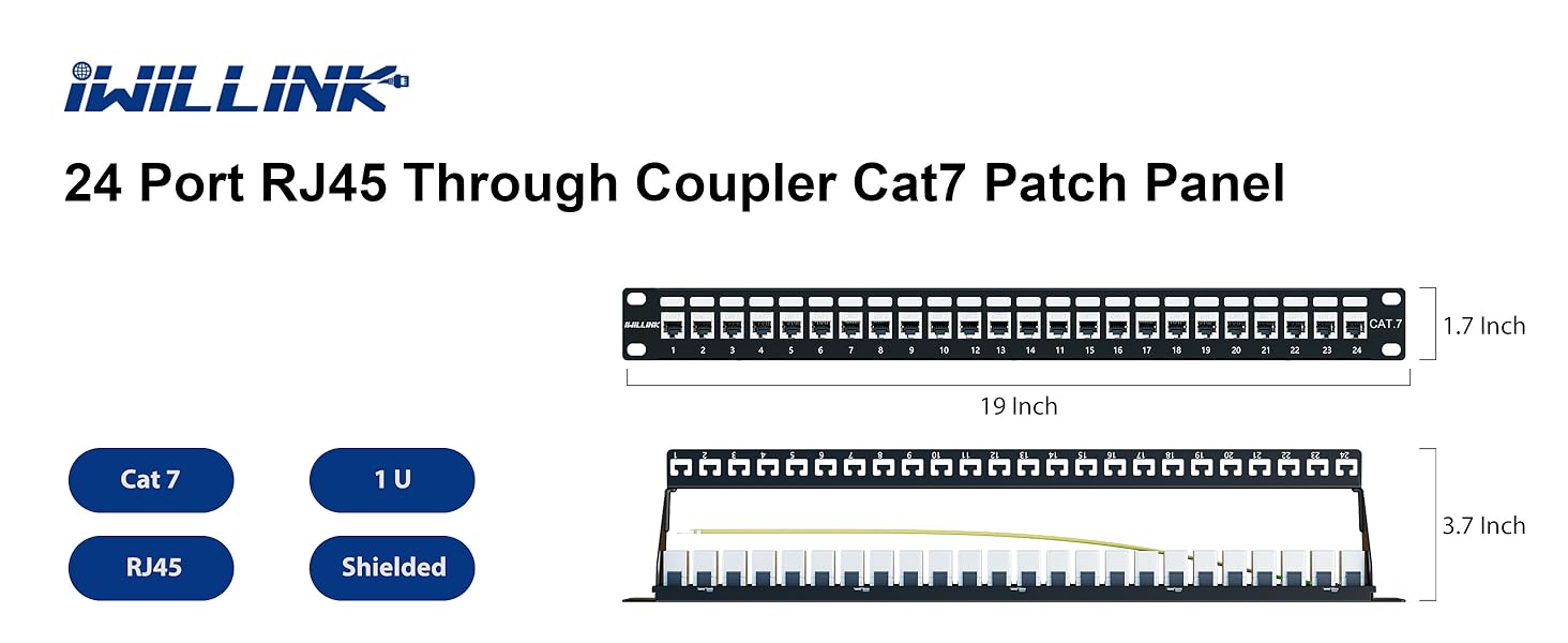 24 Port Cat7 Through Coupler Shielded 1U Patch Panel