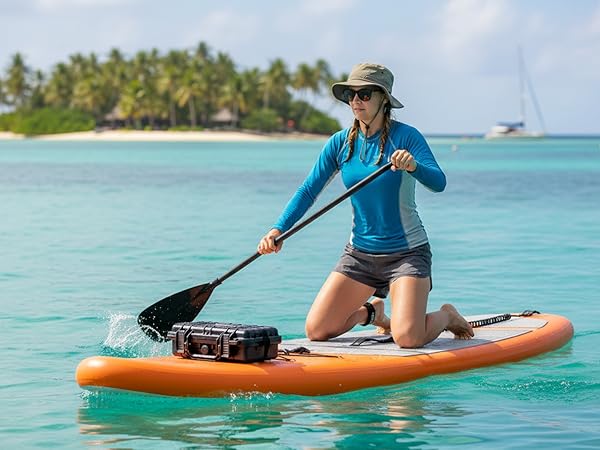 Series of photos showing kayaking activity on turquoise water, featuring orange kayak in tropical setting with palm trees visible in background.