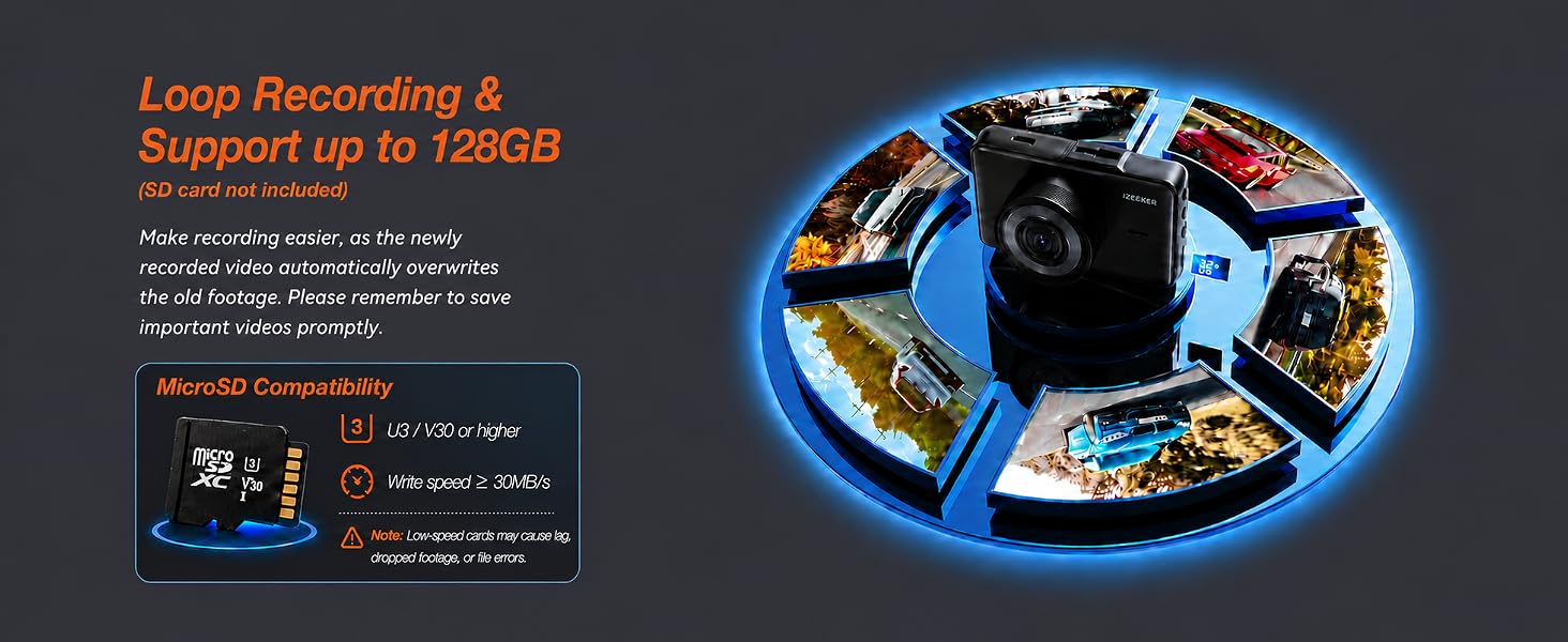 dash cam with loop recording and overwrite, locked videos protected