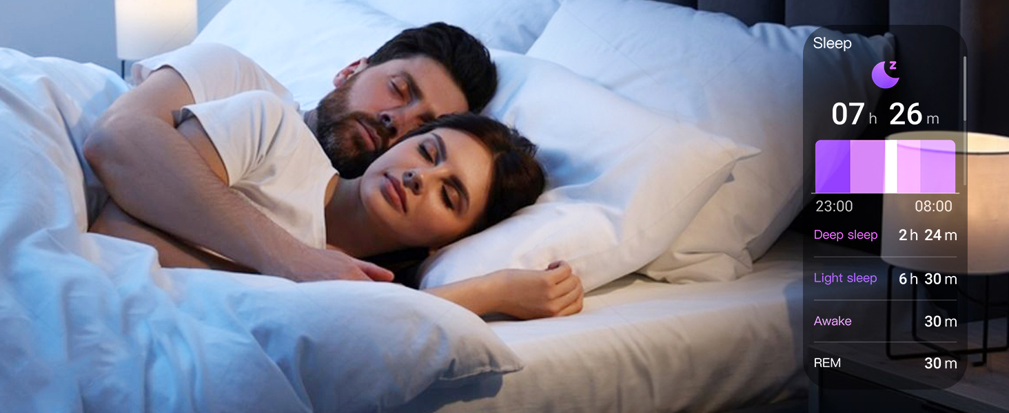 a man and woman sleeping in bed with white sheets.