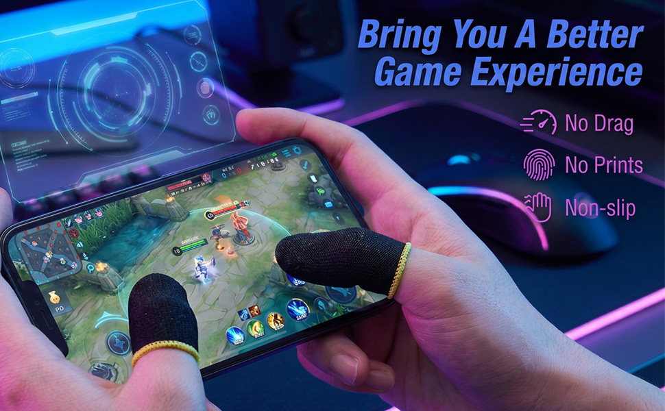 gamer using non slip finger sleeves on mobile screen no drag